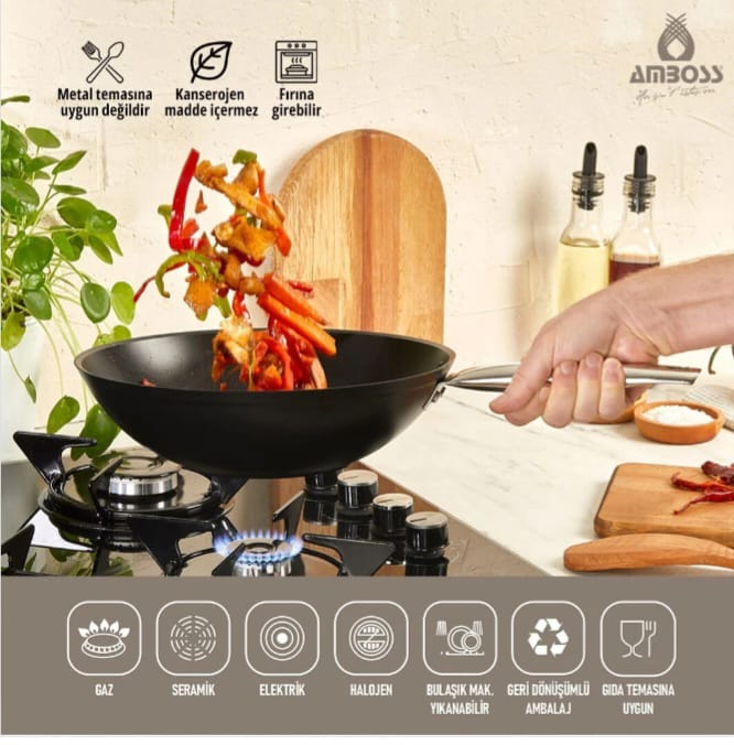 مقلاة ووك داكنة غير لاصقة من أمبوس - 28 × 8 سم