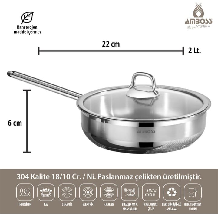 مقلاة AMBOSS SAPHIR المصنوعة من - الاينوكس - الفولاد المقاوم للصدأ 18/10 CR/Ni مع غطاء 22 × 6 سم - الصورة 5