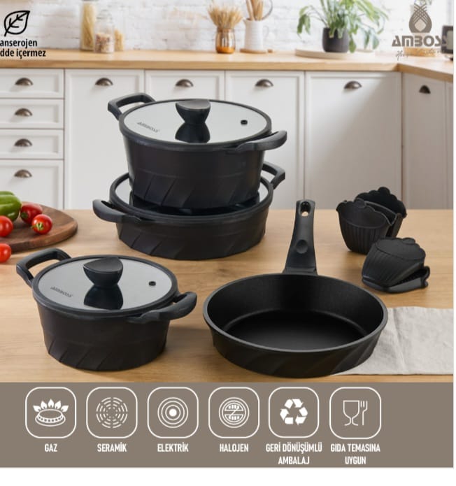 طقم أواني ومقالي فينتو مطلي بالتيتانيوم، مكون من 7 قطع، أسود - الصورة 2