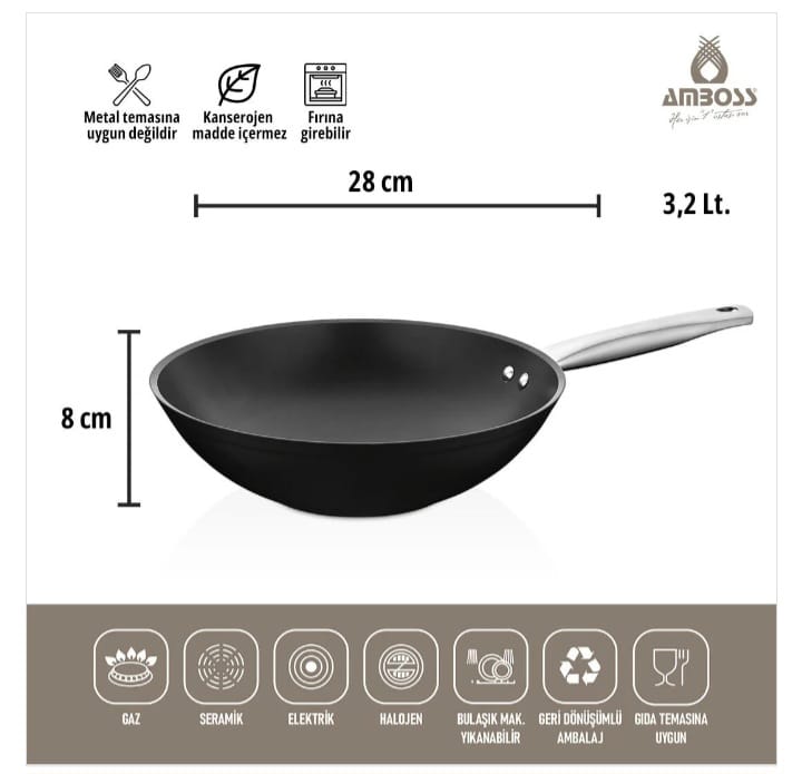مقلاة ووك داكنة غير لاصقة من أمبوس - 28 × 8 سم - الصورة 2
