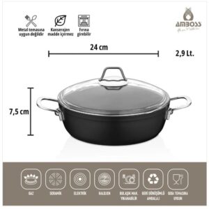 طبق مسطح غير لاصق من  AMBOSS داكن مع غطاء زجاجي - 24 × 7.5 سم