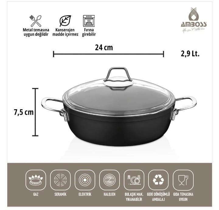 طبق مسطح غير لاصق من AMBOSS داكن مع غطاء زجاجي - 24 × 7.5 سم