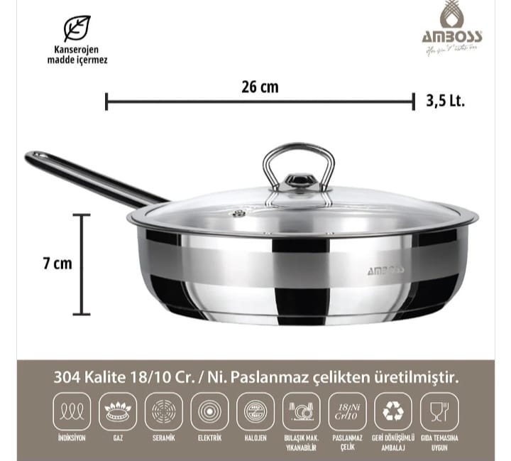 مقلاة AMBOSS SAPHIR المصنوعة - الاينوكس - من الفولاد المقاوم للصدأ 18/10 CR/Ni مع غطاء 26 × 7 سم