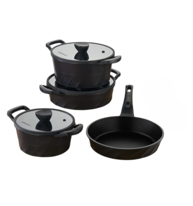 طقم أواني ومقالي فينتو مطلي بالتيتانيوم، مكون من 7 قطع، أسود