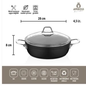 طبق مسطح غير لاصق من AMBOSS داكن مع غطاء زجاجي - 28 × 8 سم