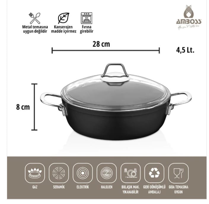 طبق مسطح غير لاصق من AMBOSS داكن مع غطاء زجاجي - 28 × 8 سم