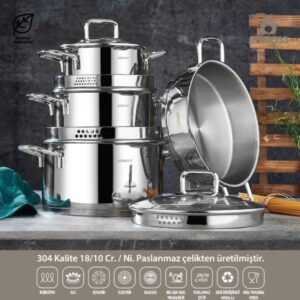 مجموعة أواني طهي من- الاينوكس - الفولاذ المقاوم للصدأ من AMBOSS DIAMON STRAINER، مكونة من 8 قطع، مع غطاء زجاجي